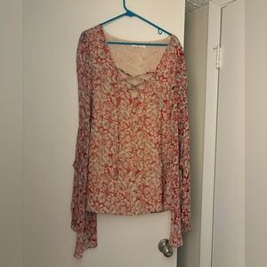 Millau Red and Cream Floral Lace-Up Blouse